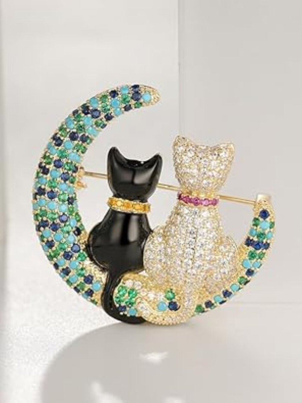 Cats on the Moon Brooch Pin Sparkly Rhinestones
